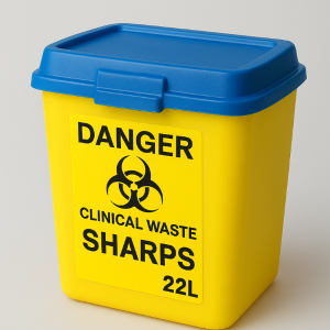 Yellow sharps disposal bin with blue lid on a white background